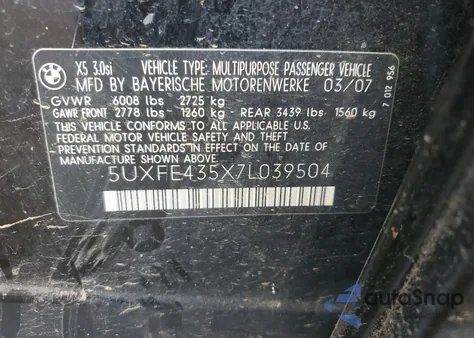 2007 BMW X5 3.0I from USA, damaged, VIN 5UXFE435X7L039504